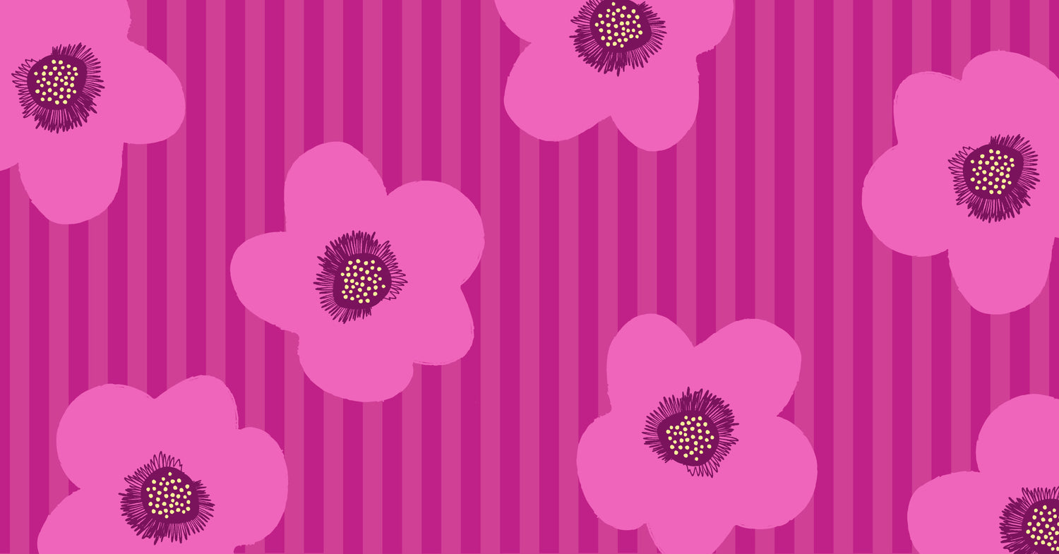 A repeating floral pattern featuring large pink flowers with dark purple centers on a pink and magenta striped background.